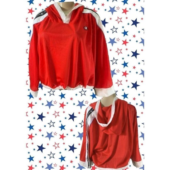 Champion XL Red Logo White Striped Drawcord Hem 3/4 Zip Sleeve Crop Hoodie Top - Picture 1 of 5